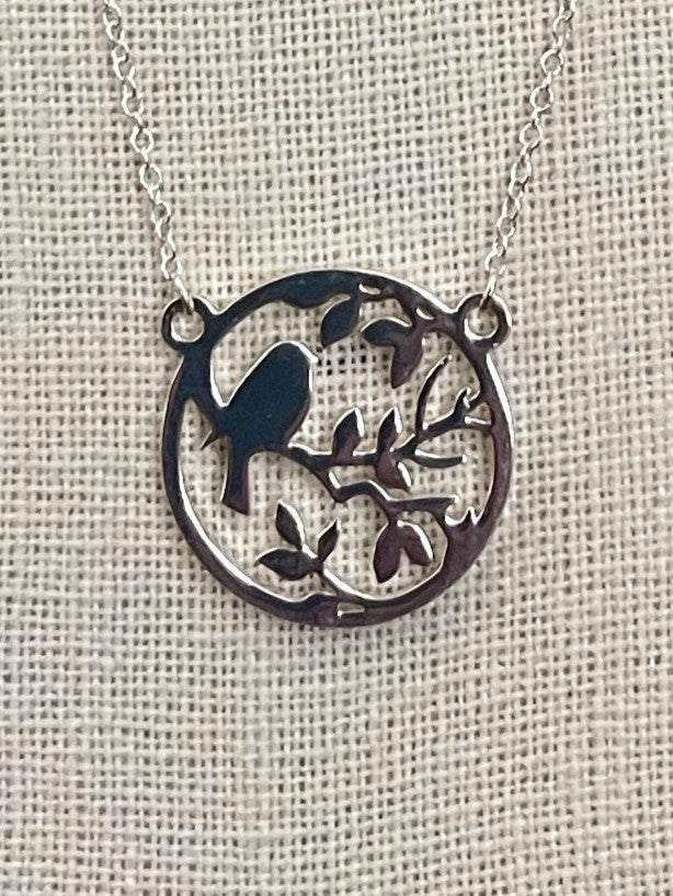 Bird on a Branch Disk Necklace - Silver
