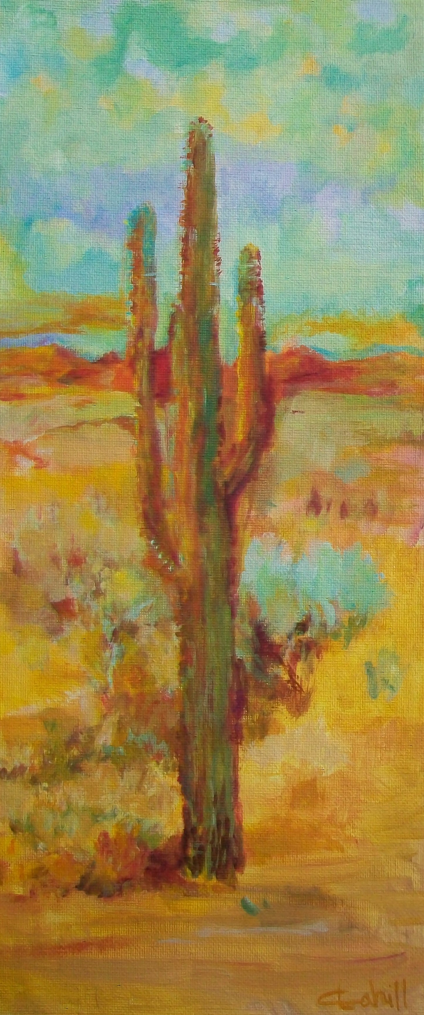 Sagebrush, Saguaro, and Turquoise Sky Original Acrylic Painting by Lynn Cahill
