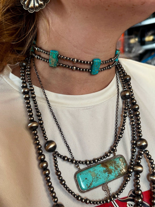 Pink/blue Double Strand Necklace – 13” Beaded – Sterling Silver Pearls & Rectangle Variscite Turquoise