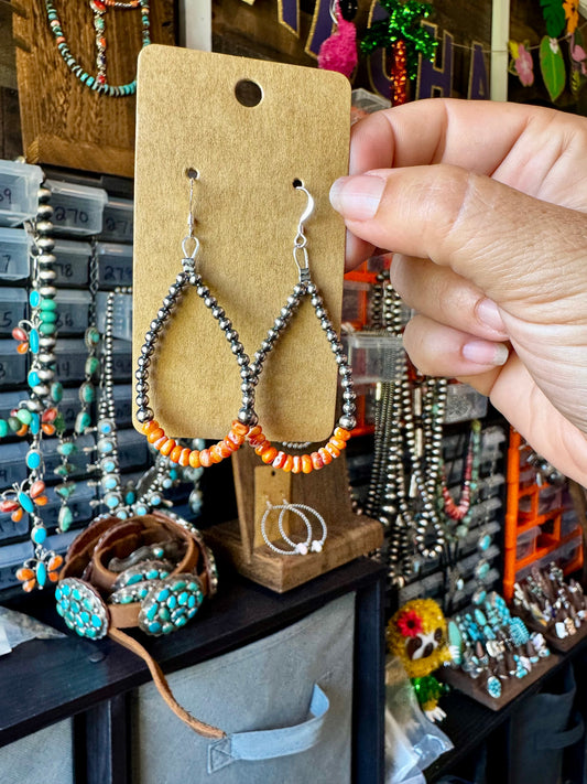 Teardrop Earrings – Sterling Silver Pearl & Orange Spiny Oyster