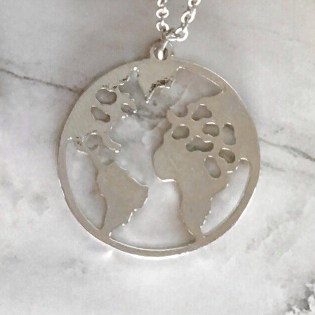 World Map Disk Necklace - Silver