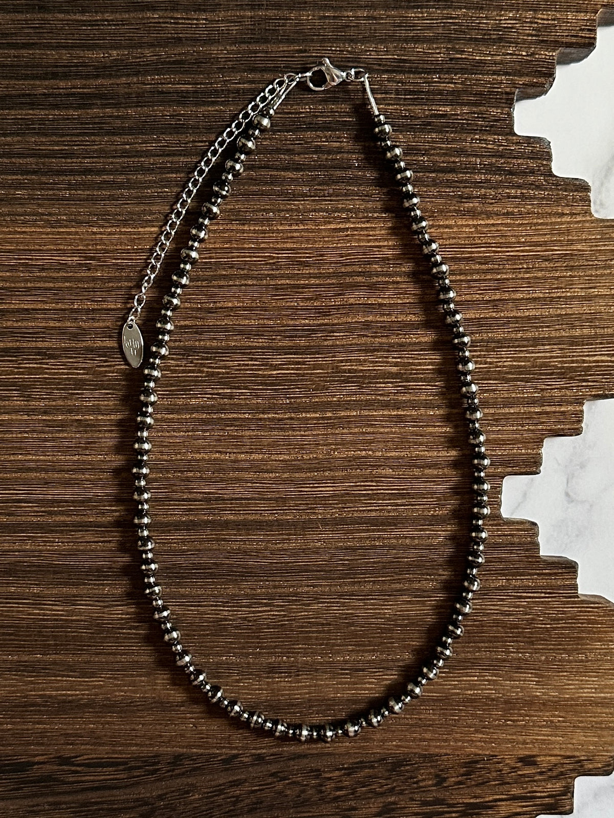 5mm & 3mm Alternating Brushed Steel Western Pearl Necklace 14 inch or 16 inch