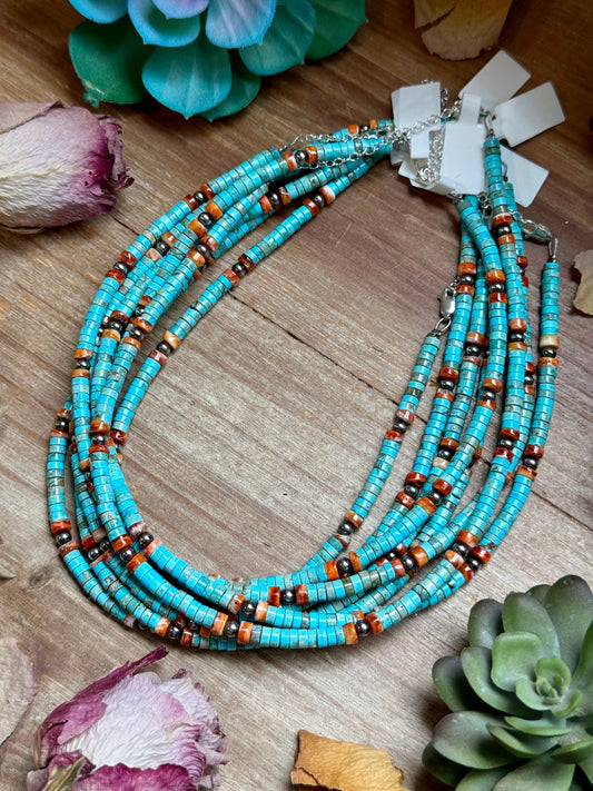 Turquoise & Spiny Oyster Heishi Necklace – 14”