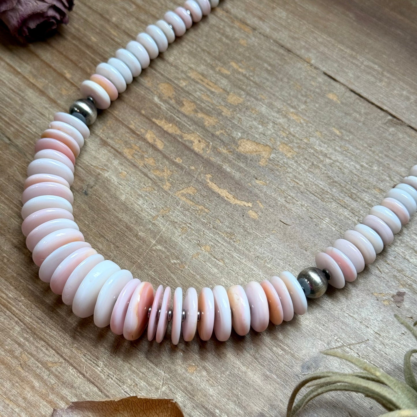 22” Pink Conch Graduated Necklace – Sterling Silver & Hematite