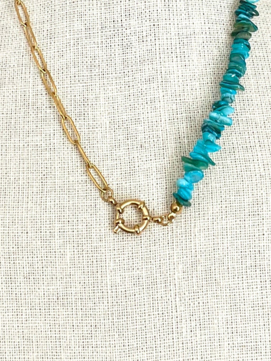 Asymmetric Paperclip Chain Necklace with Turquoise Chips
