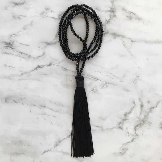 Beaded Necklace with Tassel - Black