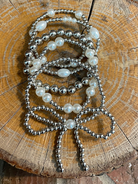 Beaded Bow Bracelet Set - Silver