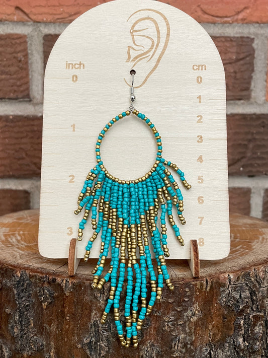 Beaded Fringe Hoop Drop Earrings - Turquoise & Brass