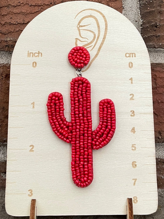 Beaded Saguaro Cactus Earrings - Red