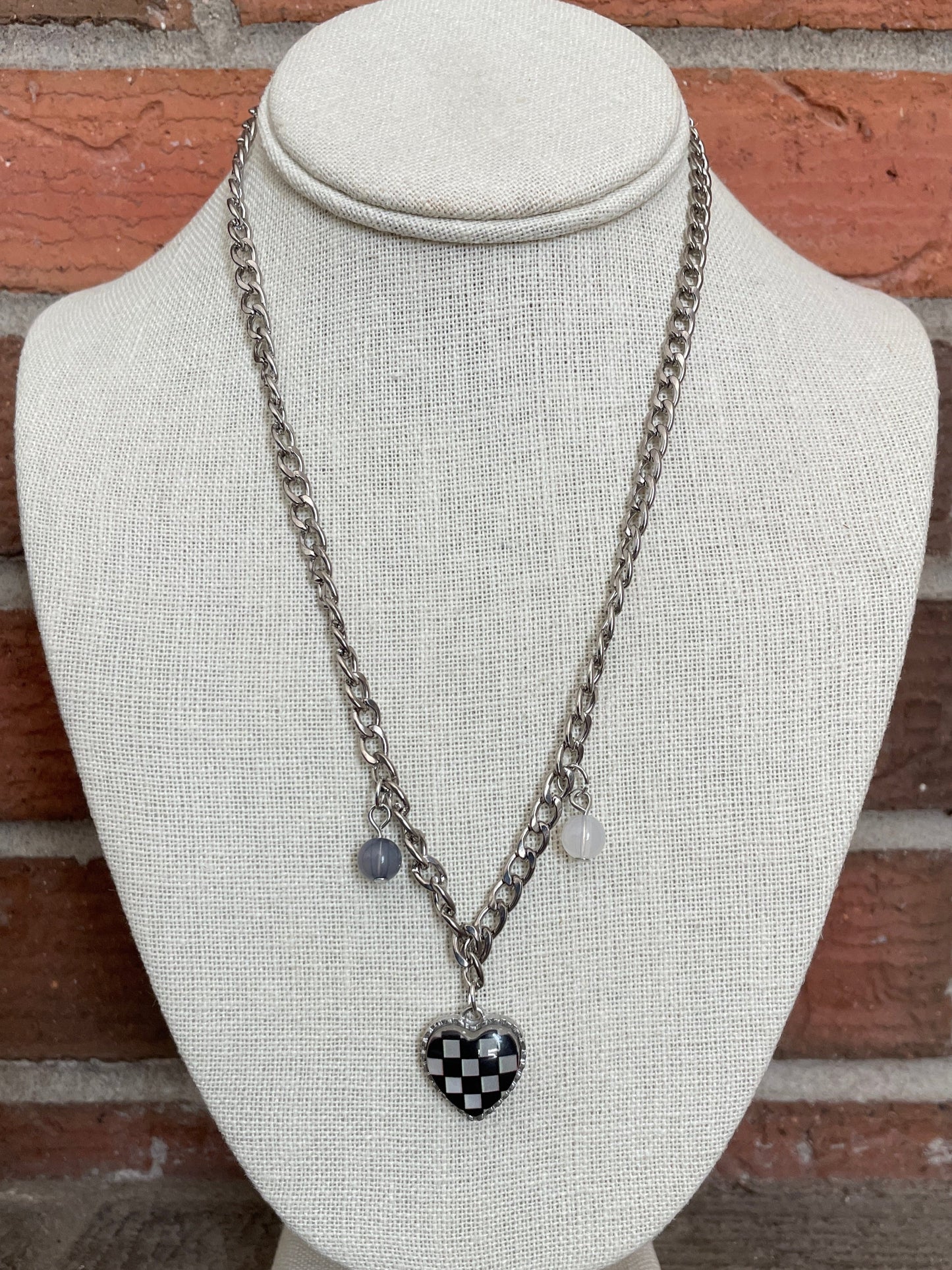 Black Checkerboard Heart Charm Necklace