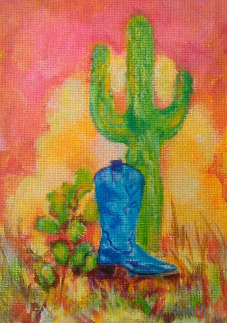 Blue Boot Saguaro Original Acrylic Painting by Lynn Cahill