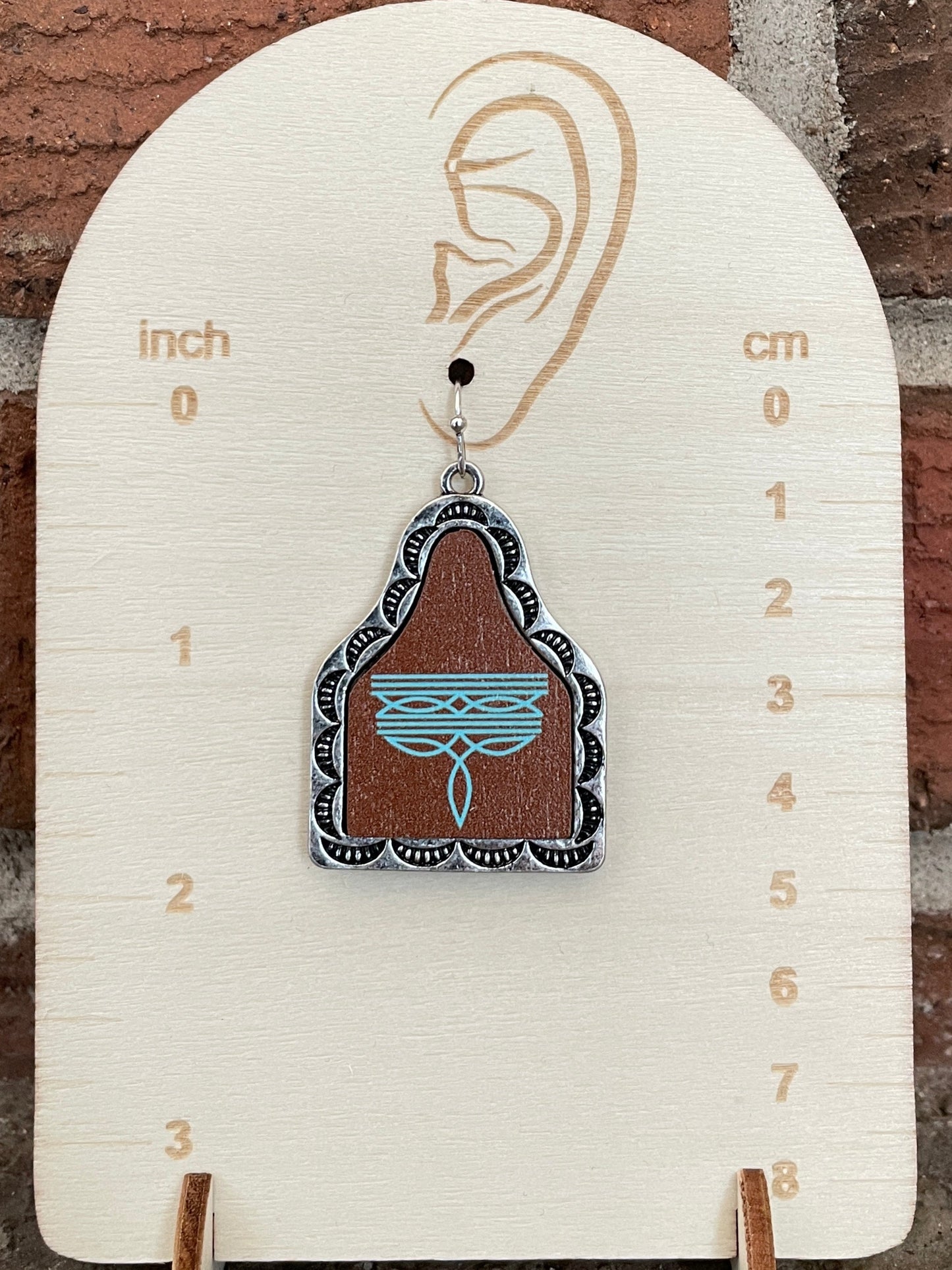 Boot Stitch Cow Tag Earrings - Turquoise & Brown