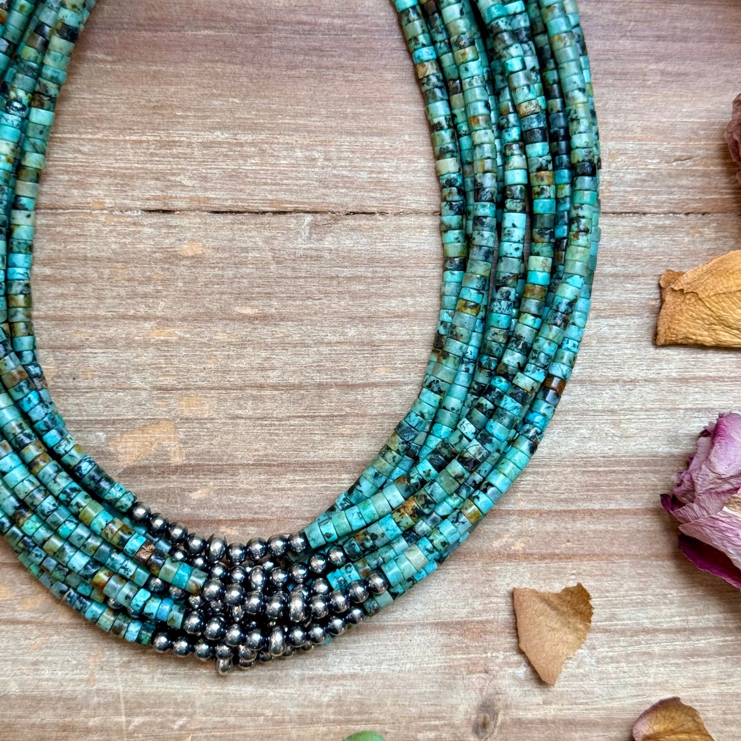African Turquoise Heishi & Sterling Silver Pearl Necklace