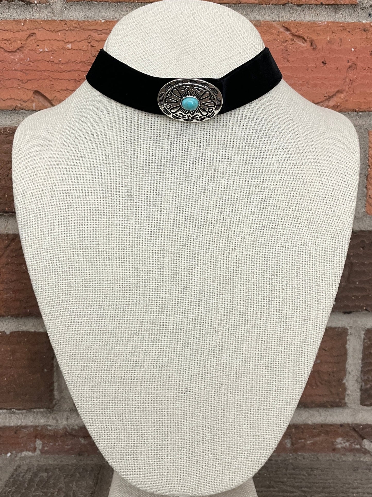 Crushed Velvet Concho Choker Necklace with Faux Turquoise
