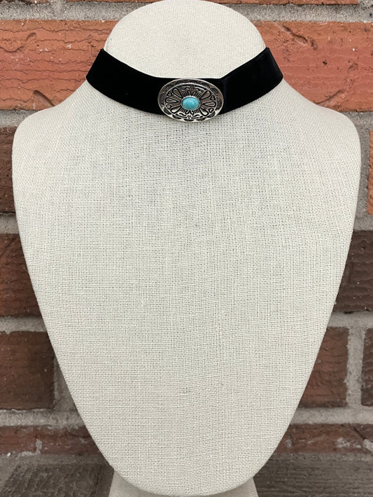 Crushed Velvet Concho Choker Necklace with Faux Turquoise