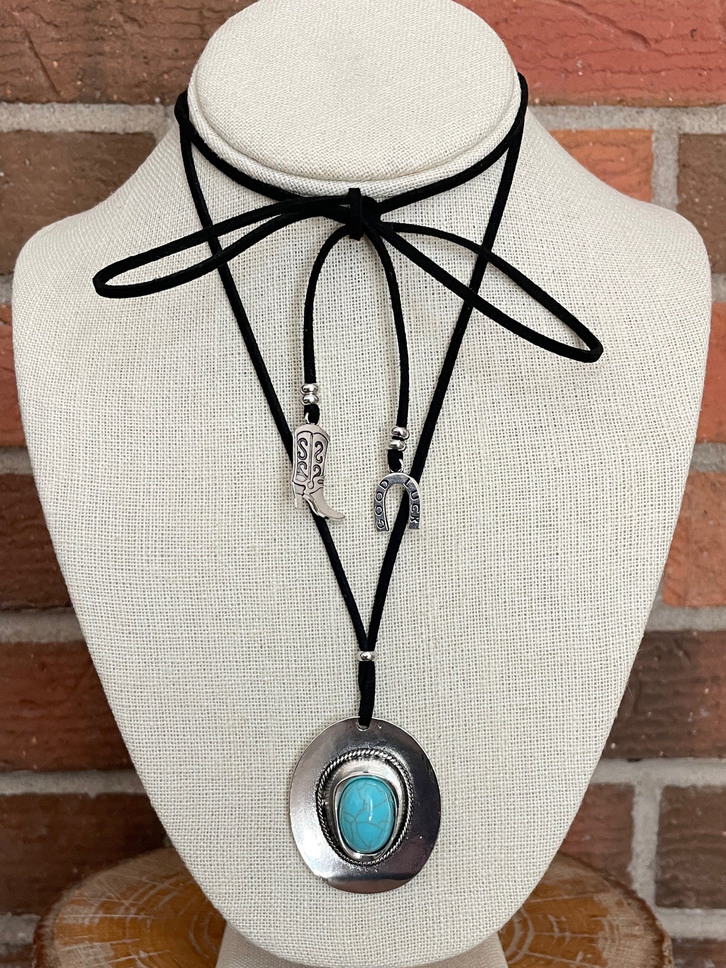 Faux Leather Tie Choker Necklace with Western Charms