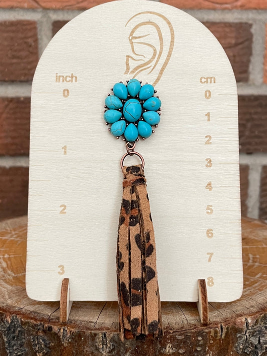 Faux Turquoise Cluster Earrings with Leopard Fringe