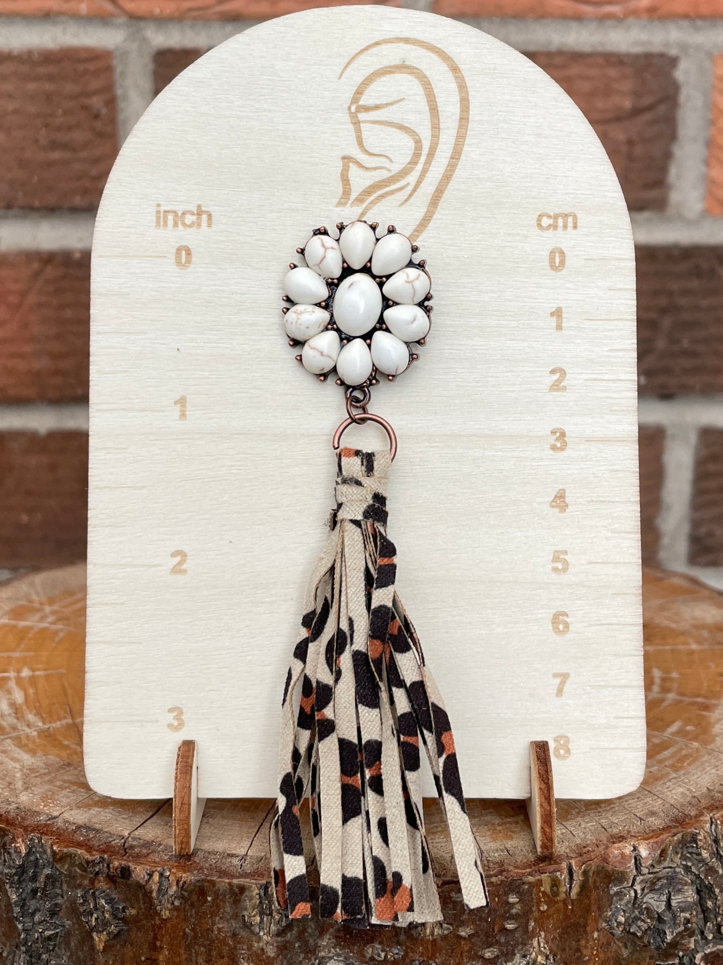 Faux White Buffalo Cluster Earrings with Leopard Fringe