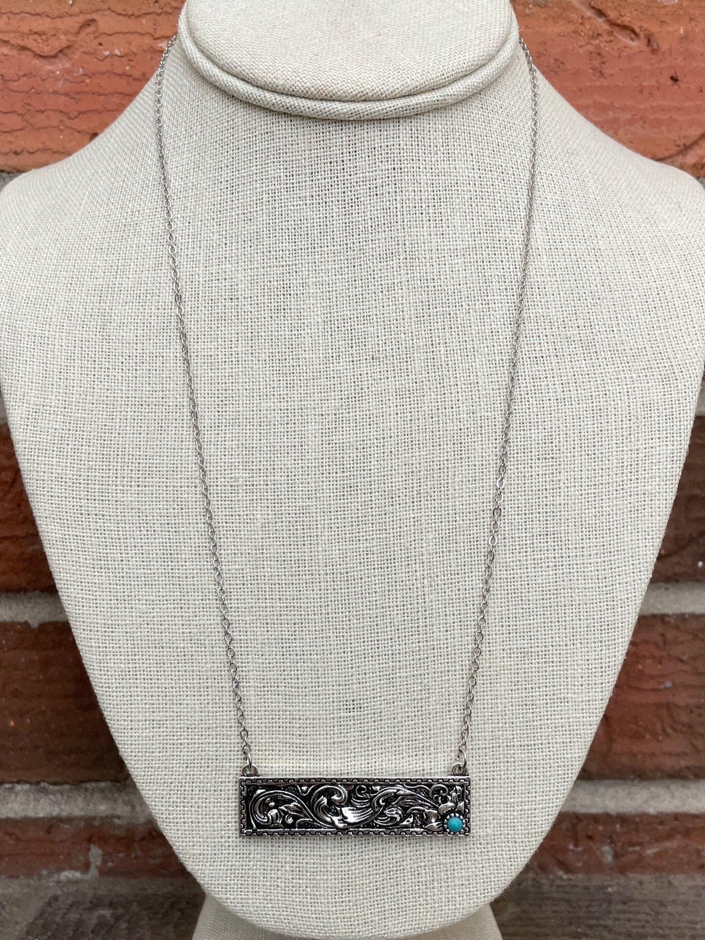 Filigree Bar Necklace with Turquoise Accented Flower - Silver