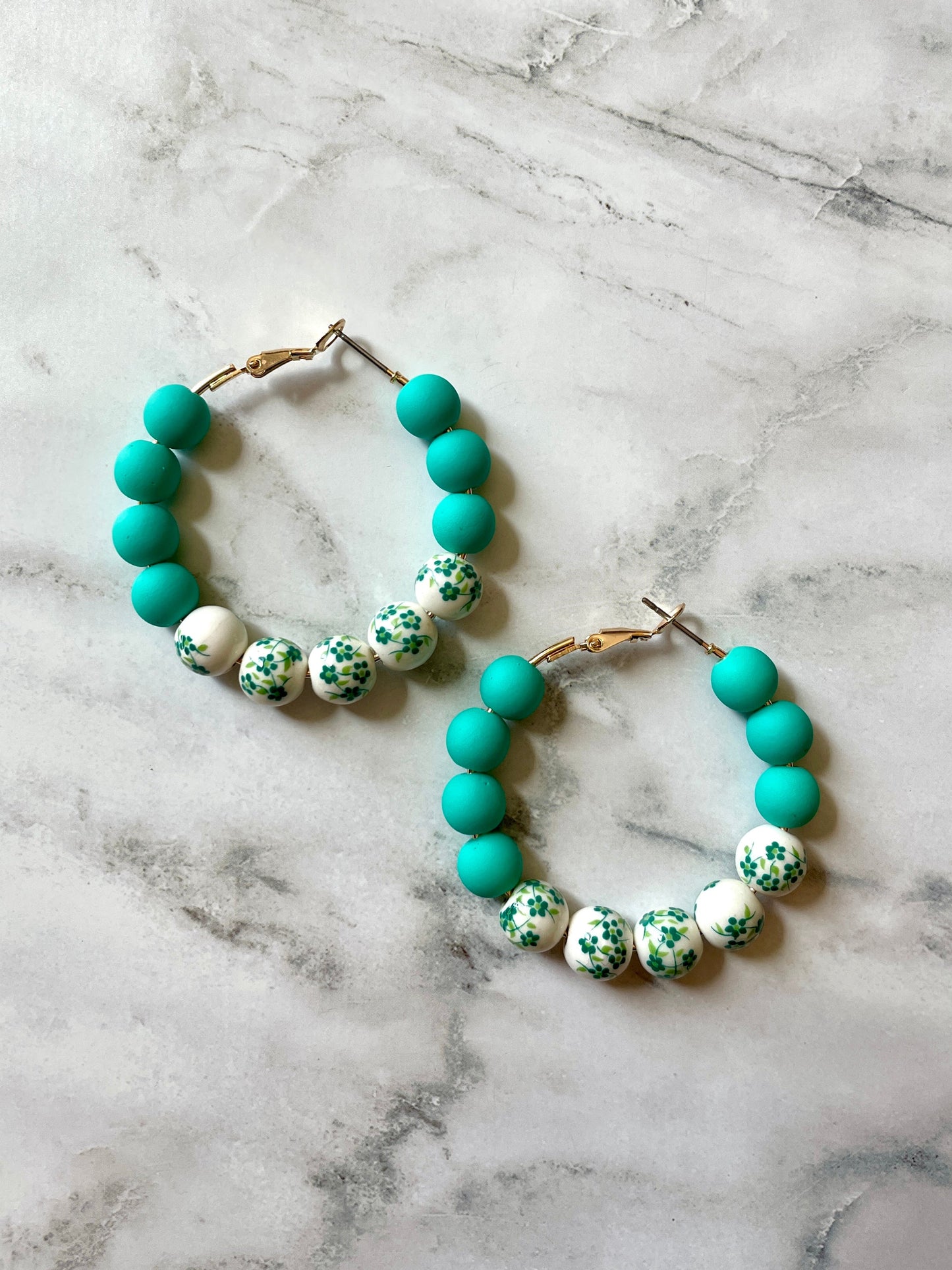 Floral Beaded Hoop Earrings - Green