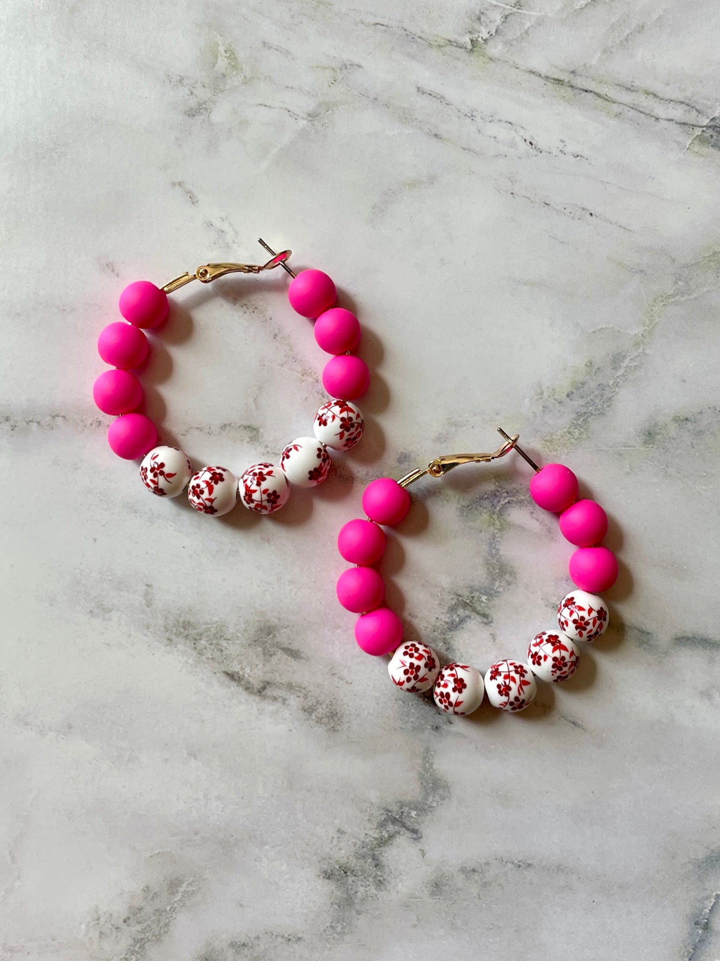 Floral Beaded Hoop Earrings - Pink