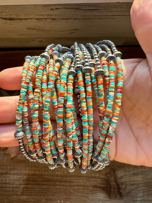 Sterling Silver Pearl Choker with Turquoise & Spiny Oyster Heishi