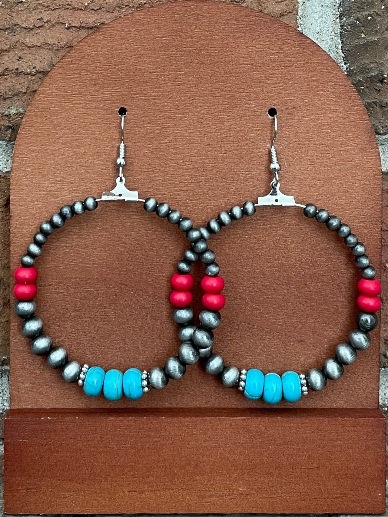 Navajo Style Pearl Hoop Drop Earrings with Faux Turquoise and Red