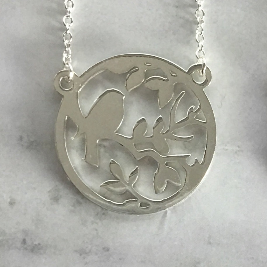 Bird on a Branch Disk Necklace - Silver