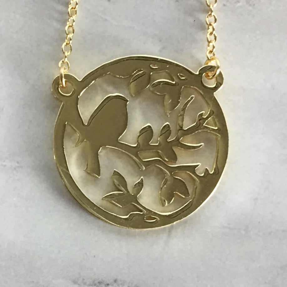 Bird on a Branch Disk Necklace - Gold