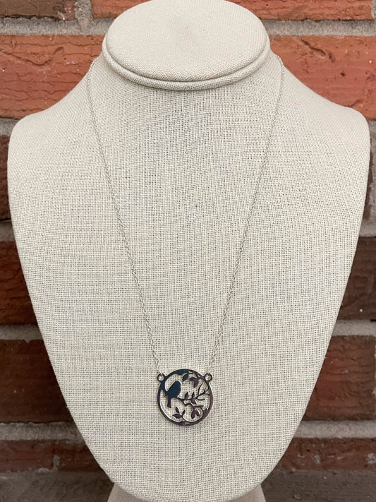 Bird on a Branch Disk Necklace - Silver