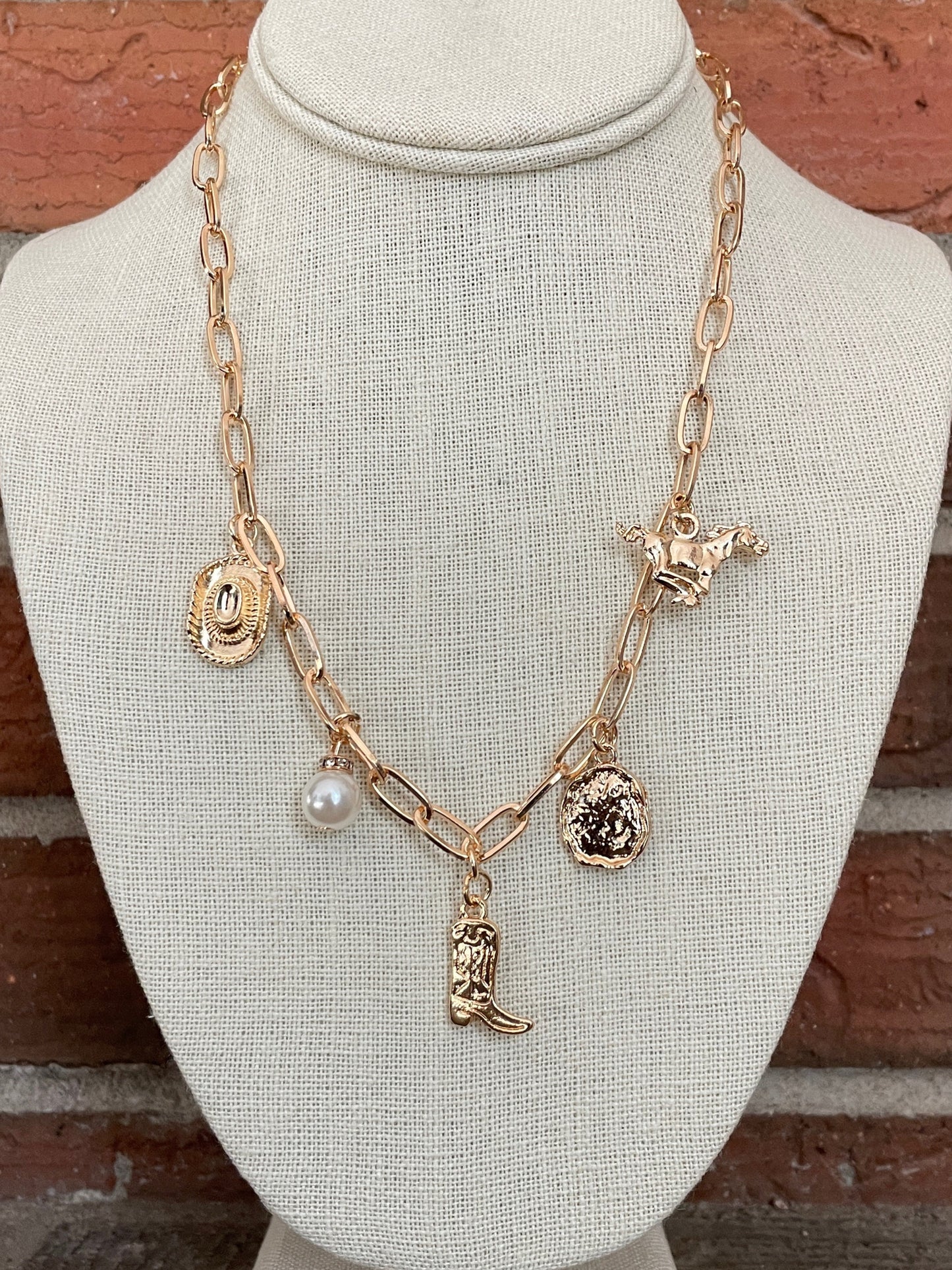 Running Horse Western Charm Necklace - Gold