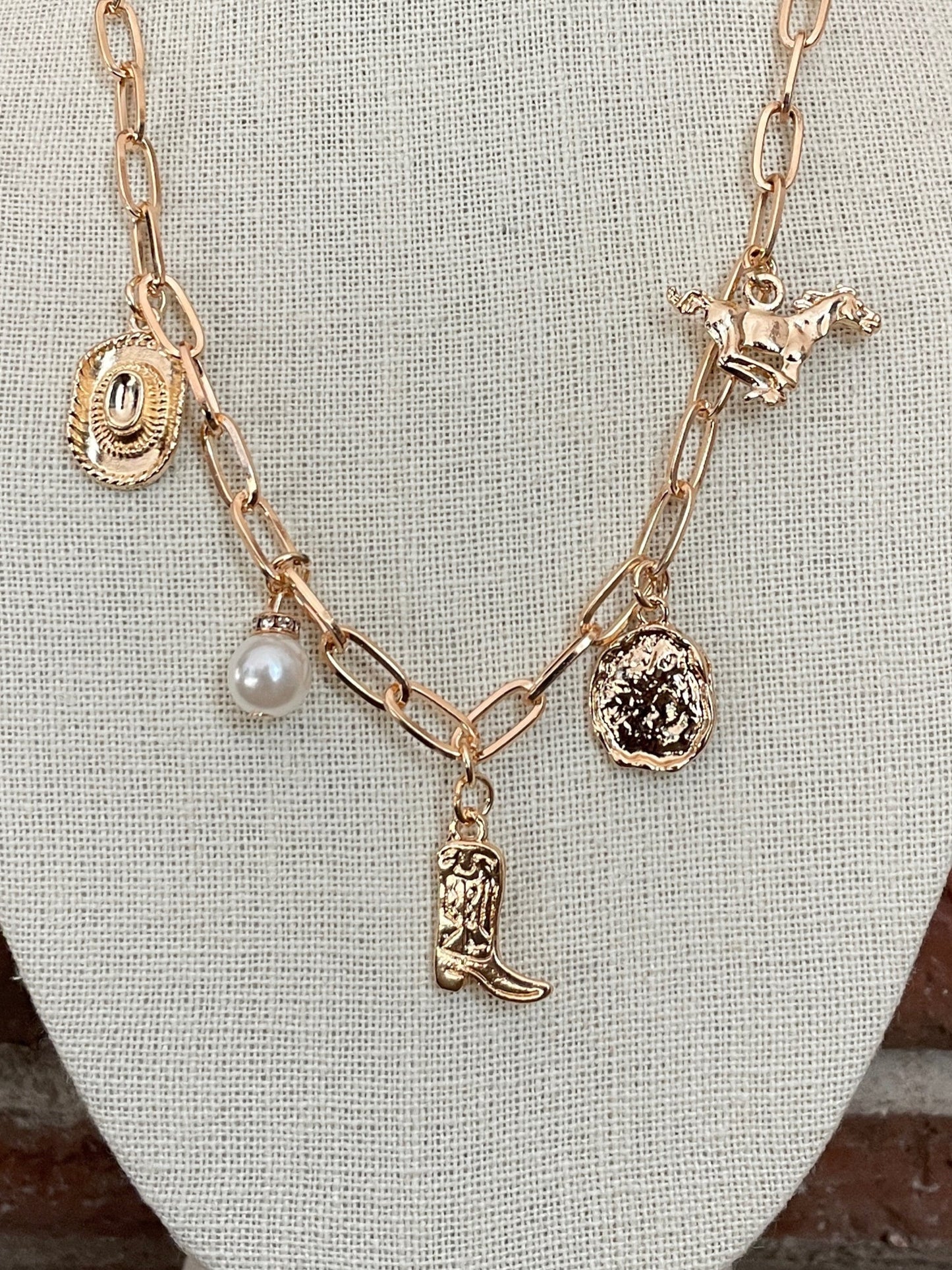 Running Horse Western Charm Necklace - Gold