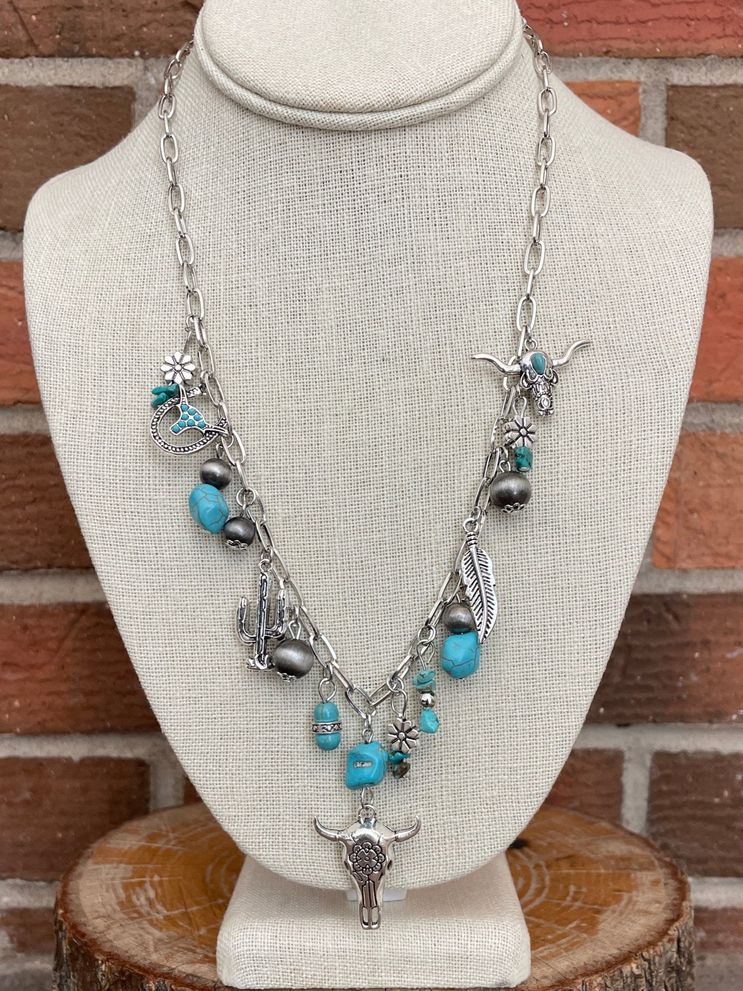 Floral Steer Skull and Turquoise Charm Necklace