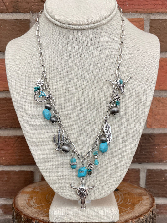 Floral Steer Skull and Turquoise Charm Necklace