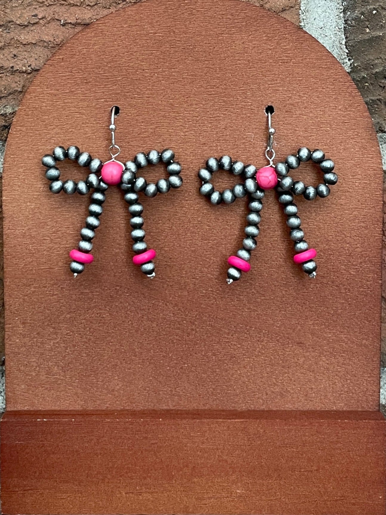 Navajo Style Pearl Bow Earrings with Hot Pink Disks