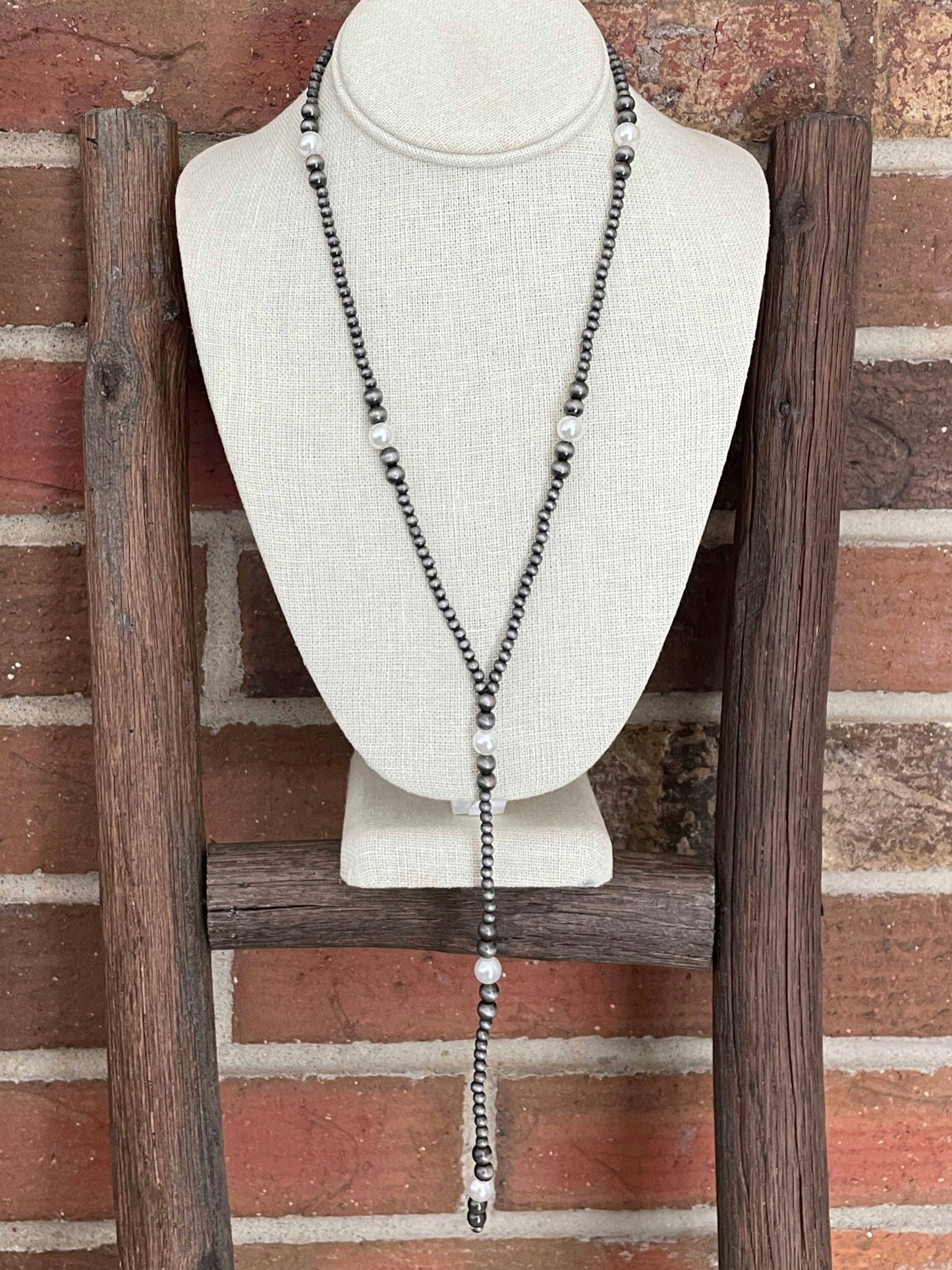 Navajo Style Pearl Lariat Necklace with White Faux Pearls