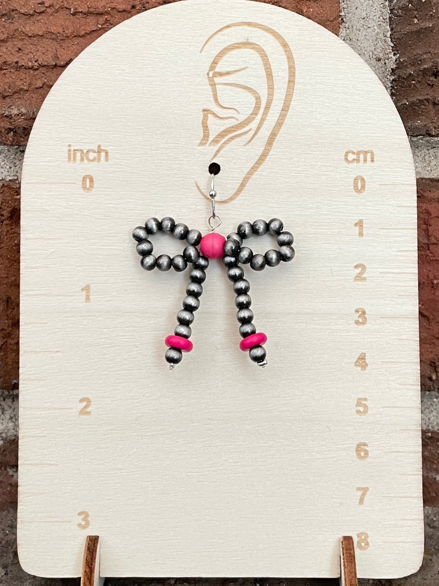 Navajo Style Pearl Bow Earrings with Hot Pink Disks