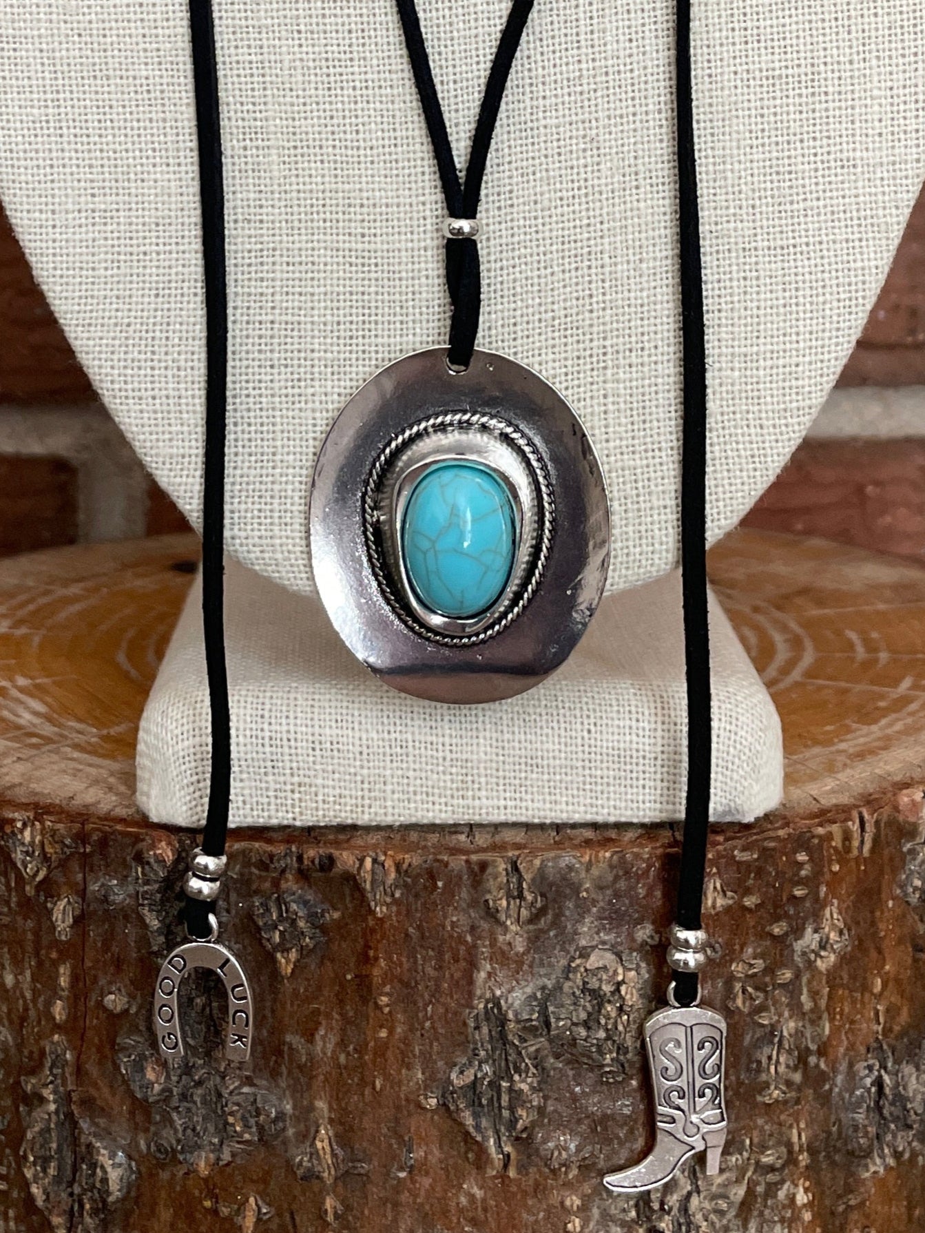 Faux Leather Tie Choker Necklace with Western Charms