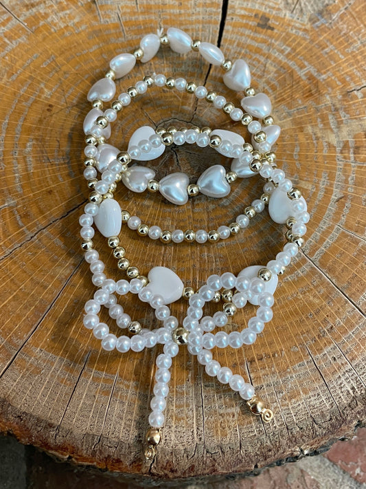 Beaded Bow Bracelet Set - White with Hearts