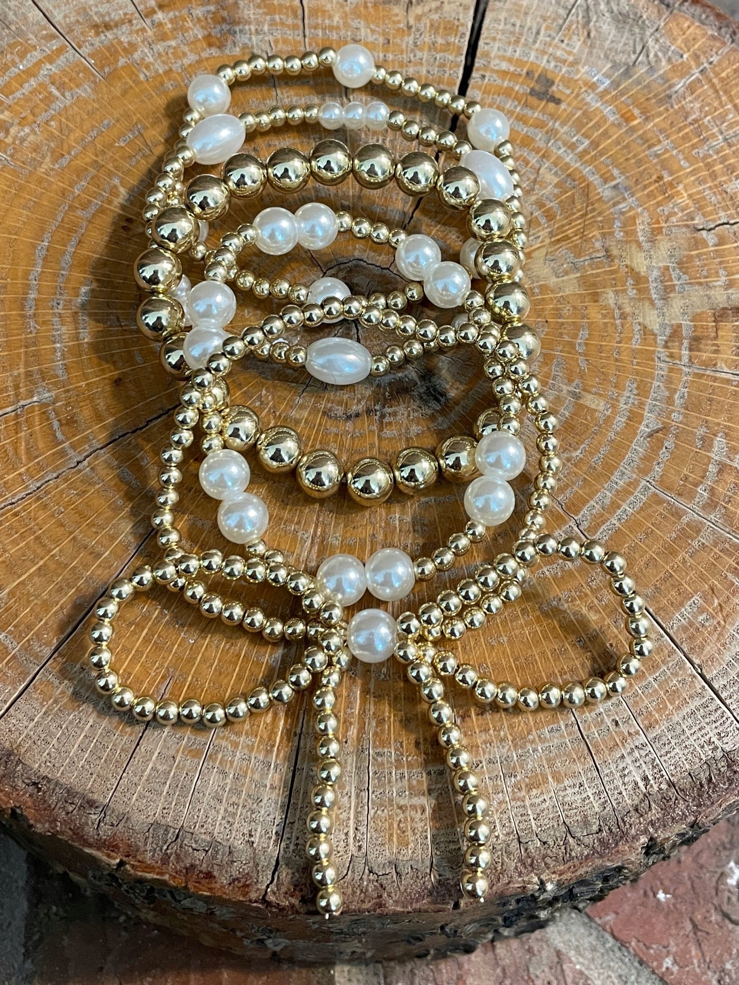 Beaded Bow Bracelet Set - Gold