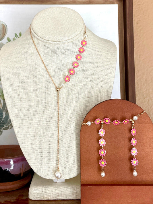 Asymmetric Pink Daisy Chain Lariat Necklace, Earrings & Bracelet Set
