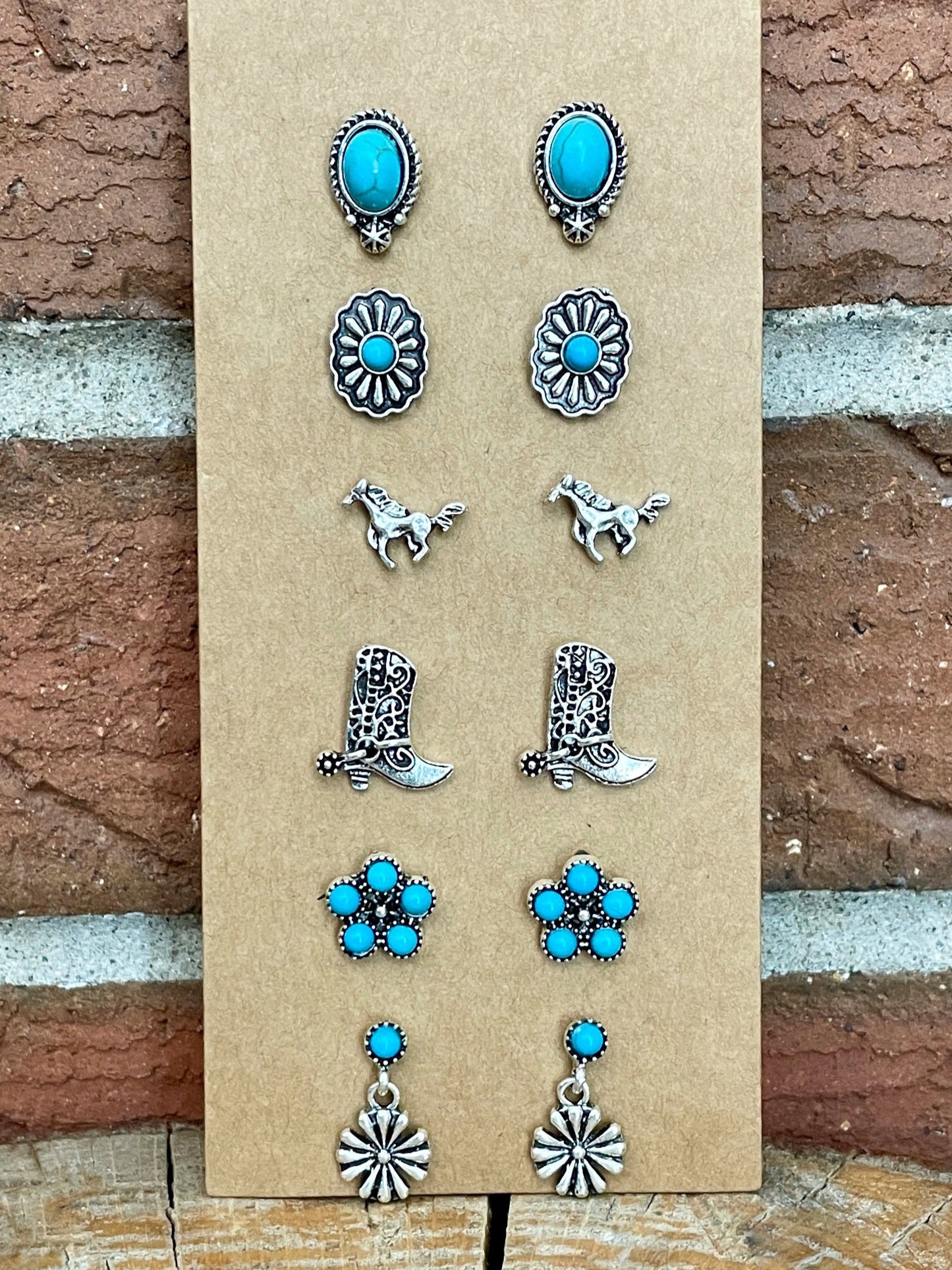 Running Horse and Turquoise Concho Stud Earring Set