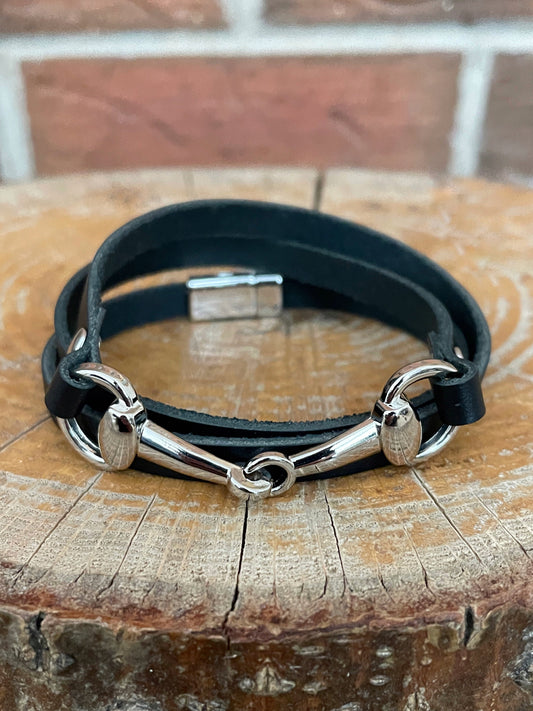 Snaffle Bit Wrap Bracelet with Black Genuine Leather - Silver
