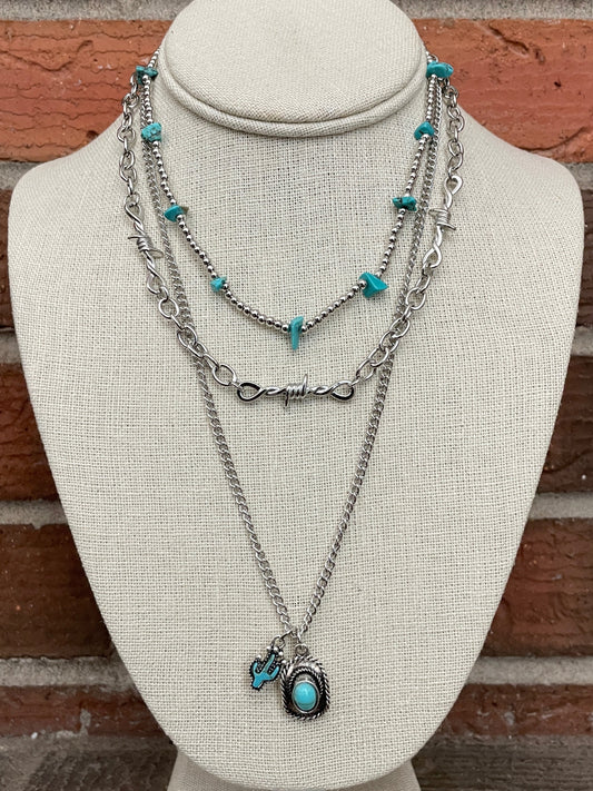 Turquoise Cowboy Hat and Barbed Wire Necklace Set