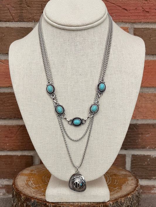 Cowboy Hat and Concho Necklace Set with Faux Turquoise