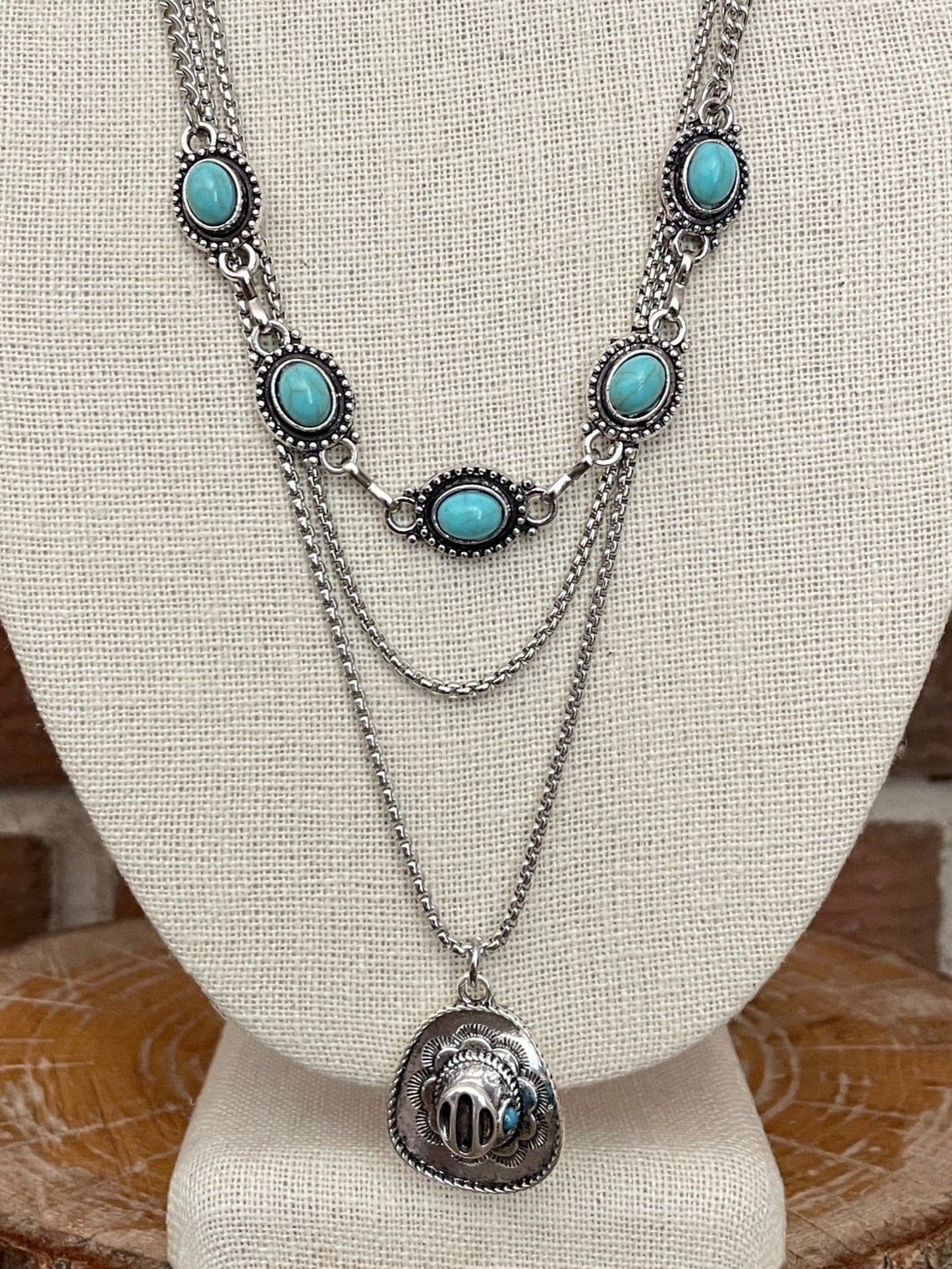 Cowboy Hat and Concho Necklace Set with Faux Turquoise