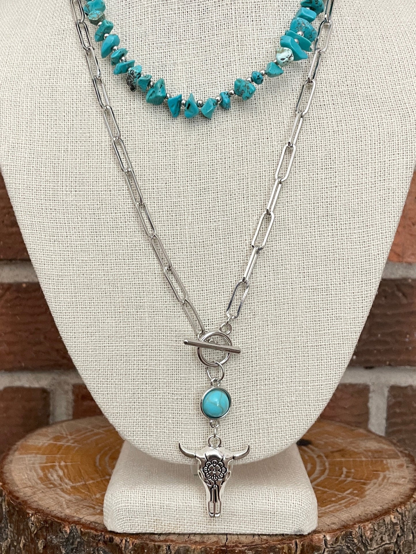 Floral Steer Skull and Turquoise Chip Necklace Set