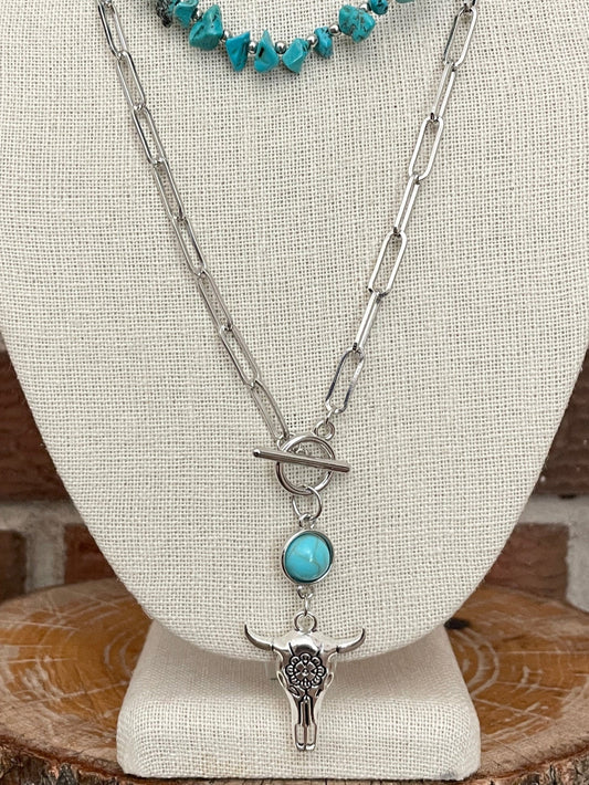 Floral Steer Skull and Turquoise Chip Necklace Set