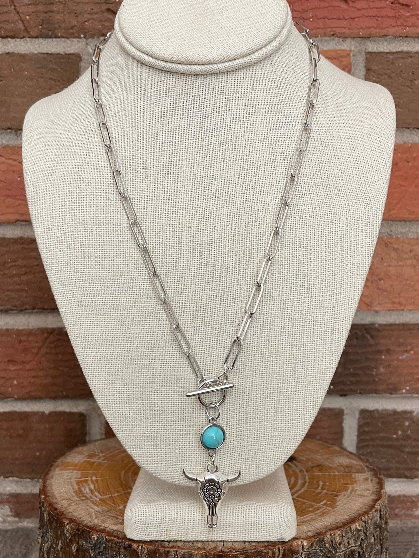 Floral Steer Skull and Turquoise Chip Necklace Set