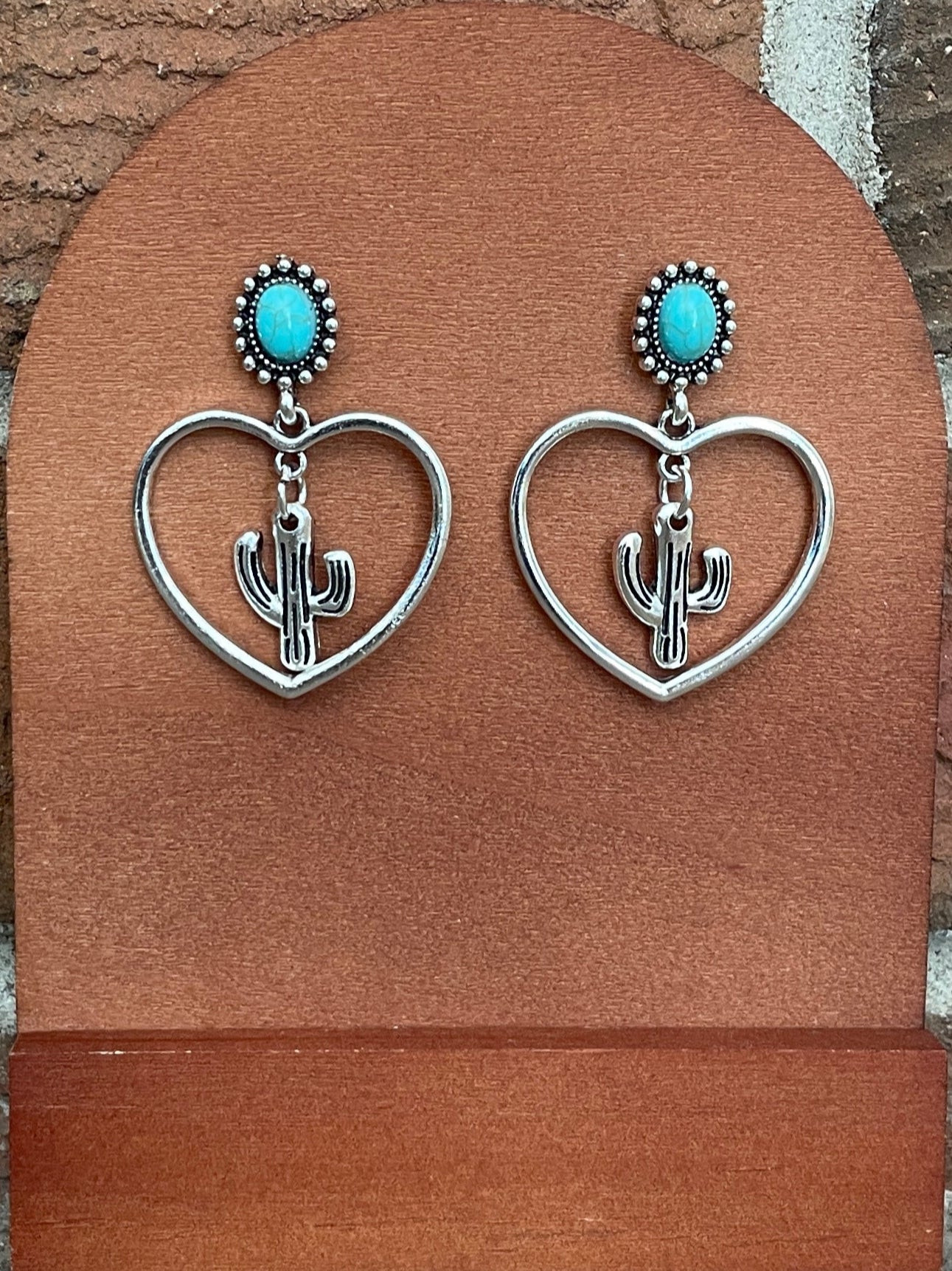 Saguaro Cactus Heart Earrings with Turquoise
